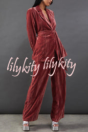Solid Color Velvet Long-sleeved Waist Tie Top and Elastic Waist Casual Pocket Straight-leg Pants Set