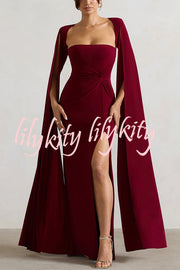 Elegant Goddess Square Neck Twisted Cape Sleeve Slit Maxi Dress