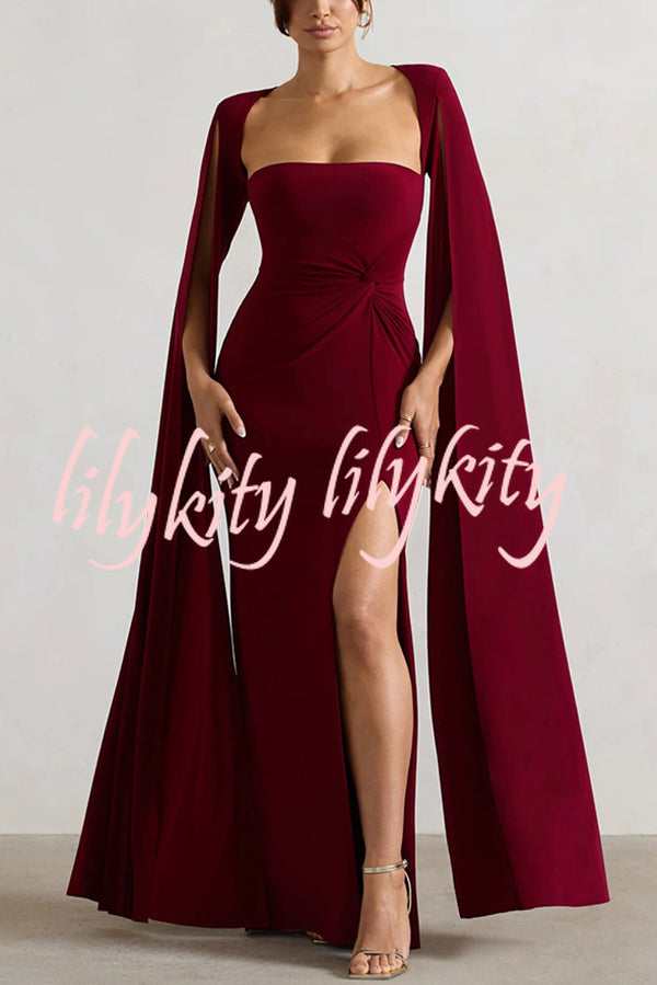 Elegant Goddess Square Neck Twisted Cape Sleeve Slit Maxi Dress