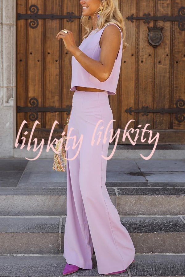 Modern and Elegant Solid Crop Tank and High Rise Flare Loose Pants Set