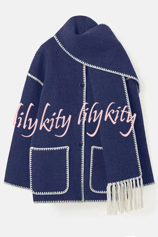 Stylish Loose Pocket Long Sleeve Coat and Warm Fringed Scarf