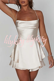 Ruffled Elegant Satin Strappy Satin Backless Lace Up Mini Dress