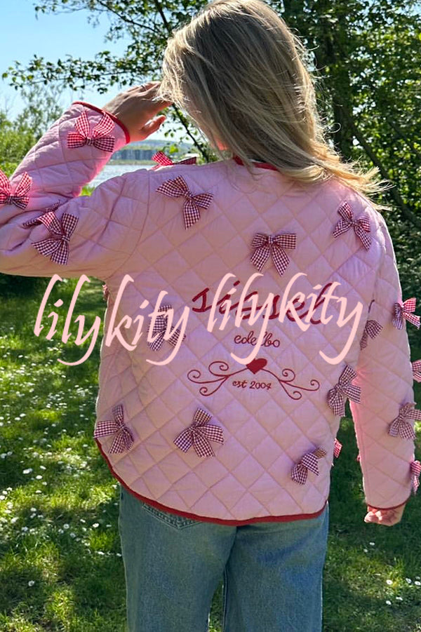 Lily Bow Embroidered Long-sleeve Lace-up Pocket Cotton Jacket