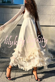 Fashionable V-neck Lace-up Ruffled Double-layer Hem Maxi Dress