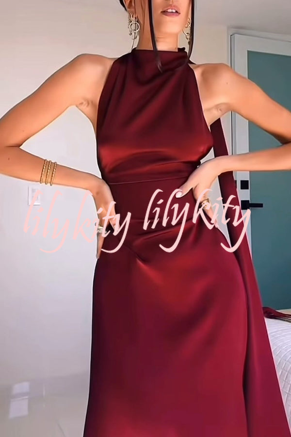 Solid Color Satin Elegant Sleeveless Waist Maxi Dress