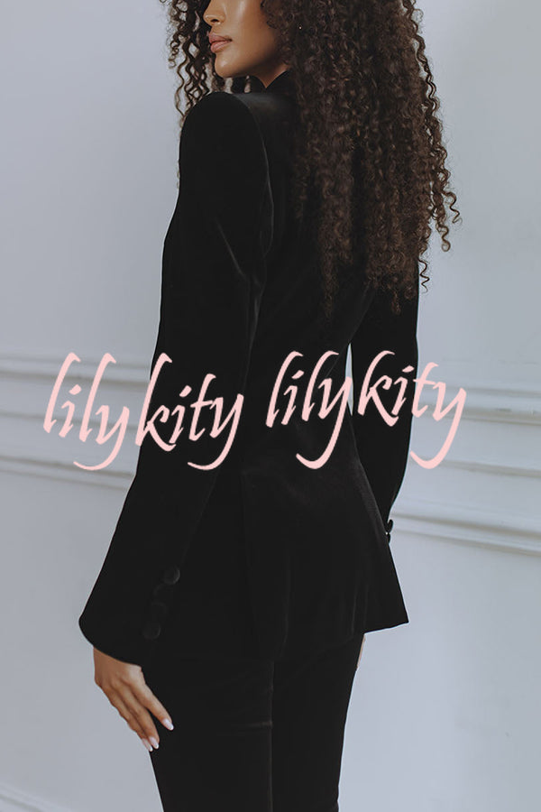Delicate Daze Velvet Satin Lapel Button Up Long Sleeve Tapered Waist Blazer