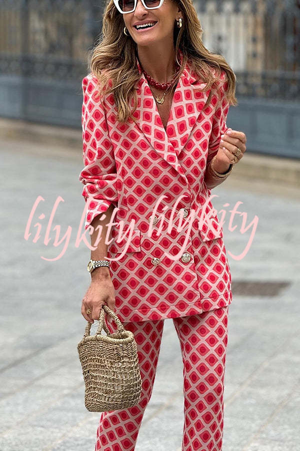 Chic Lady Unique Print Metal Button Pocketed Lapel Blazer and Elastic Waist Flare Pants Set