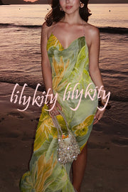 Floral Print Sexy Backless Slit See-Through Holiday Maxi Dress