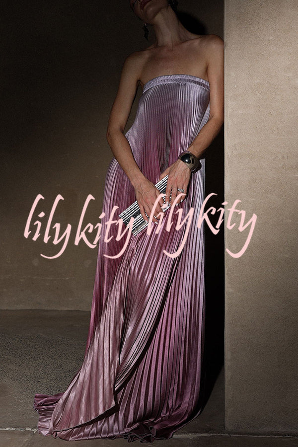 Gorgeous Styling Satin Pleated Elastic Bust Strapless A-line Gown Maxi Dress