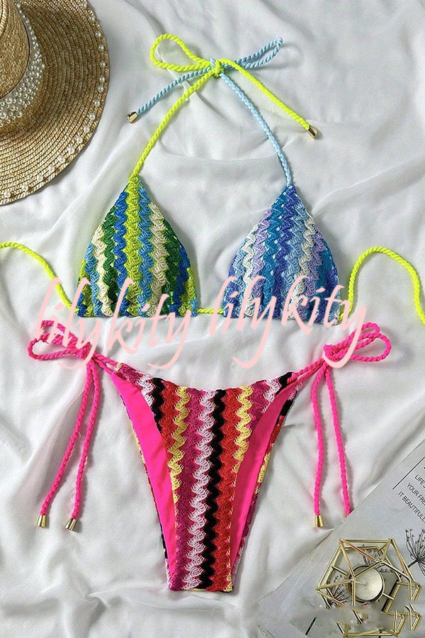 Knit Wave Unique Print Stretch Tie Bikini Swimsuit