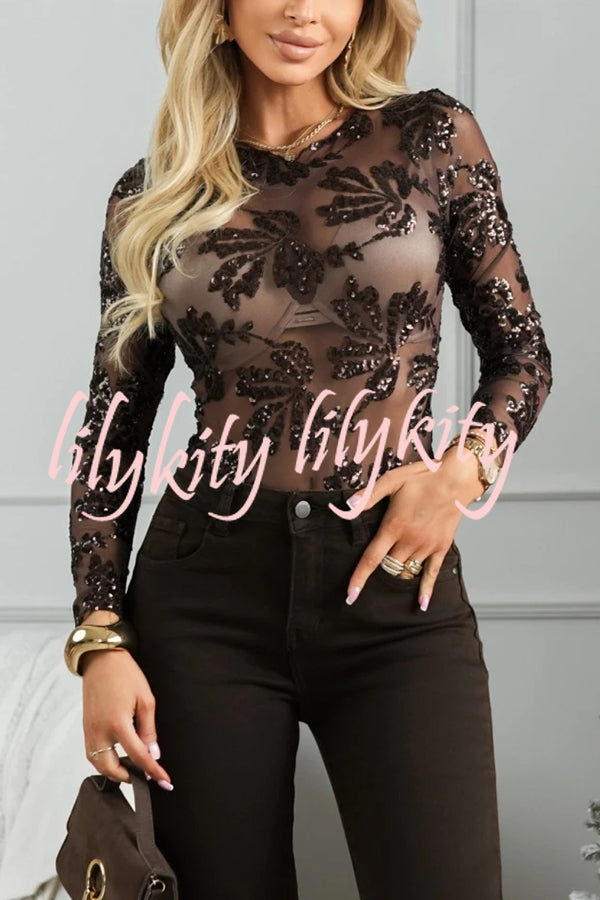 Dazzling and Sparkle Mesh Floral Sequin Long Sleeve Stretch Bodysuit