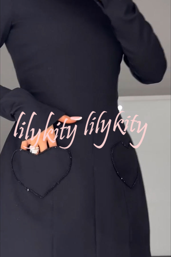 Anna Sparkling Gemstone Trim Heart Pocket Long Sleeve Mini Dress