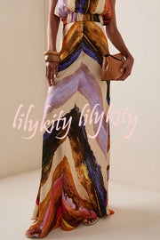 Unique Print Sleeveless Stretch Stand Collar Top and Elegant Maxi Skirt Set
