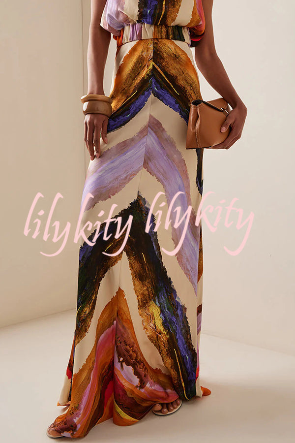 Unique Print Sleeveless Stretch Stand Collar Top and Elegant Maxi Skirt Set