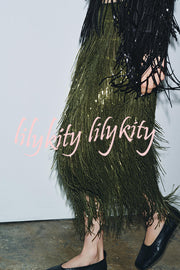 Stylish Sequined Tassel Elegant Midi Skirt