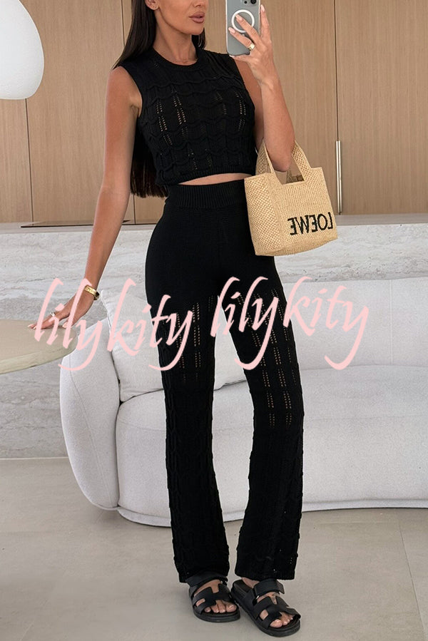 Solid Color Hollow Sleeveless Round Neck Knitted Vest and Stretch Casual Straight Pants Set