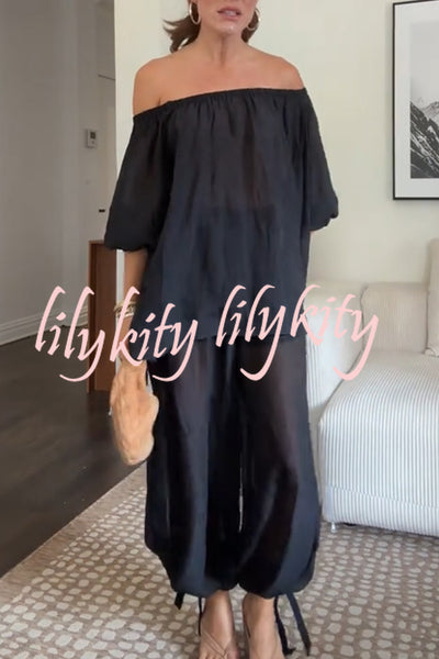 Comfortable Area Chiffon Off Shoulder Balloon Sleeve Top and Elastic Waist Knotted Bloomer Set