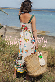 Summer Vibes Linen Blend Unique Print Smocked Belt Midi Dress