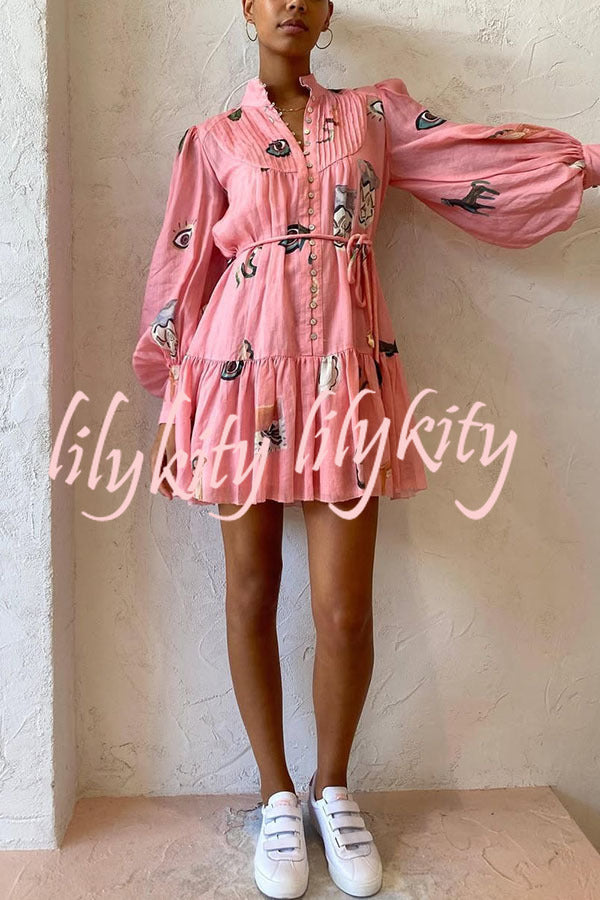 Unique Print Single Breasted Balloon Sleeve Tie Waist Ruffled Mini Dress