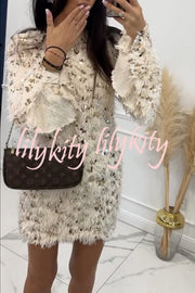 Twilight Ember Knit Sequin Tassels Wide Neck Long Bell Sleeve Mini Dress