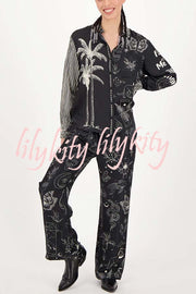 Black Magic Satin Unique Print Long Sleeve Blouse and Elastic Waist Pocket Wide Leg Pants Set