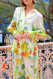 Antibes Satin Floral Print Back Tie-up Button Down Oversized Blouse