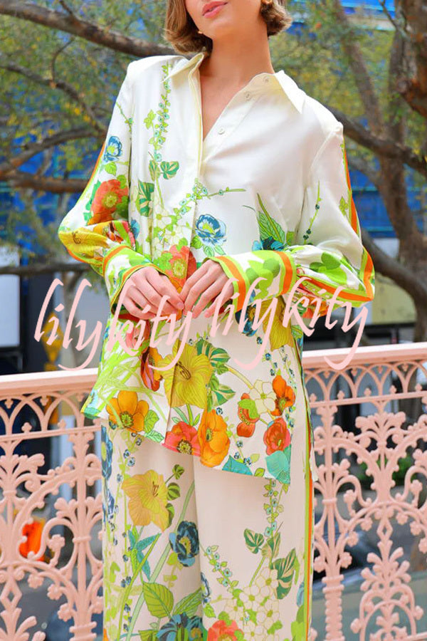 Antibes Satin Floral Print Back Tie-up Button Down Oversized Blouse