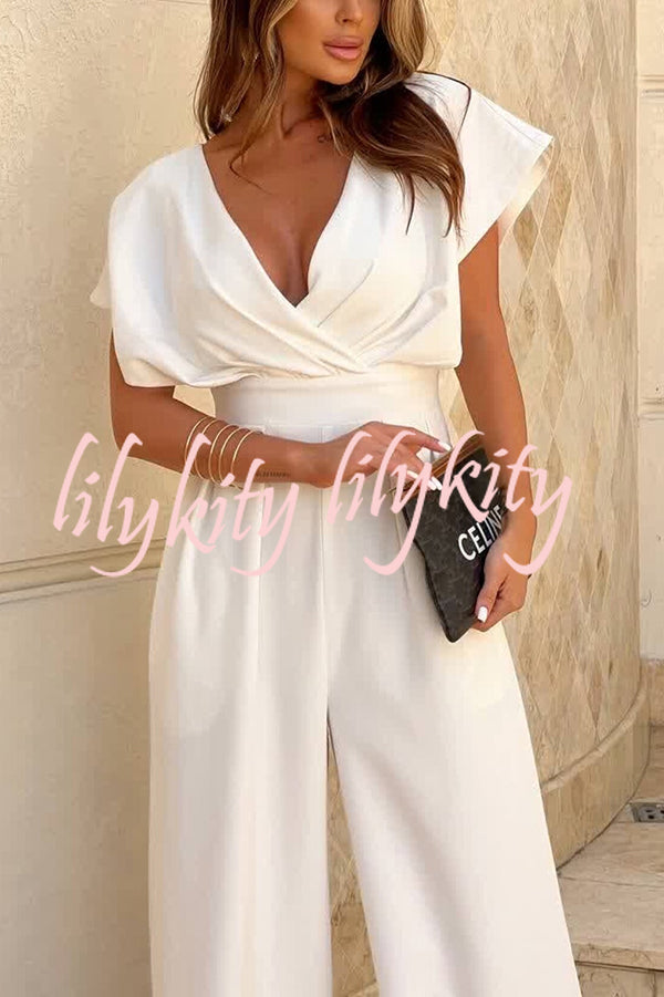Solid Color V-neck Waist Casual Wide-leg Jumpsuit
