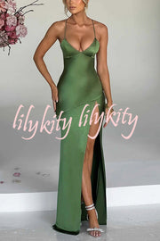 Satin Solid Color Sexy Backless Lace Up High Slit Maxi Dress