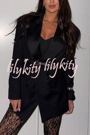 Chic Style Satin Lapel Button Up Long Sleeve Oversized Blazer
