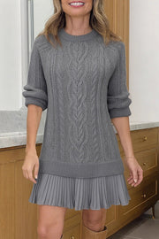 Delphine Knit Cable Textured Long Sleeve Pleated Chiffon Hem Sweater Mini Dress