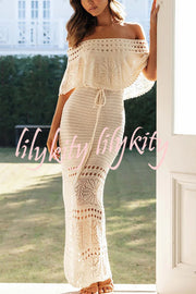 Jolene Knit Crochet Texture Off Shoulder Drawstring Waist Maxi Dresses