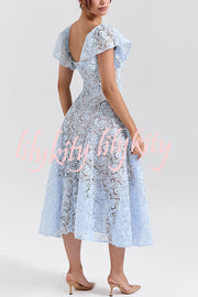 Romantic Atmosphere Bluebell Lace Butterfly Sleeve Sweetheart Neck Stretch Midi Dress