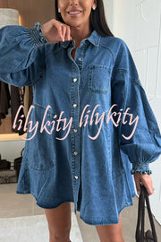 Fashion Heart Button Long Sleeve Casual Pocket Denim Mini Dress