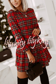 Fashionable Plaid Print Long Sleeve Round Neck Slim Fit Mini Dress