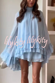 Solid Color Chiffon Trumpet Sleeve Loose Mini Dress