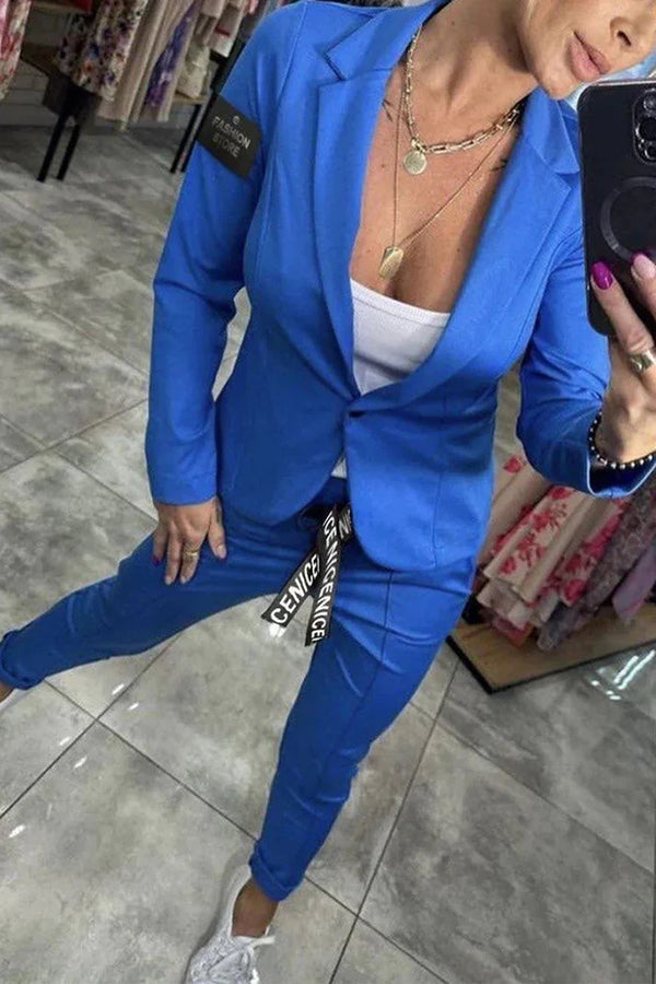 Smart Casual Lapel Blazer and Elastic Waist Tie Pocket Pants Set