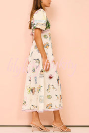 European Summer Sunset Linen Blend Unique Print Puff Sleeve Midi Dress