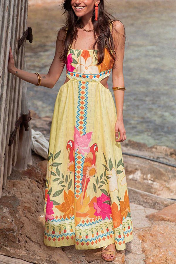 Resort Style Unique Print Sexy Square Neck Backless Waist Maxi Dress