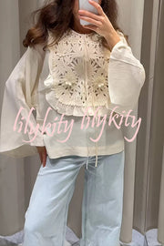 Fashionable Round Neck Tie Hollow Stitching Casual Shirt