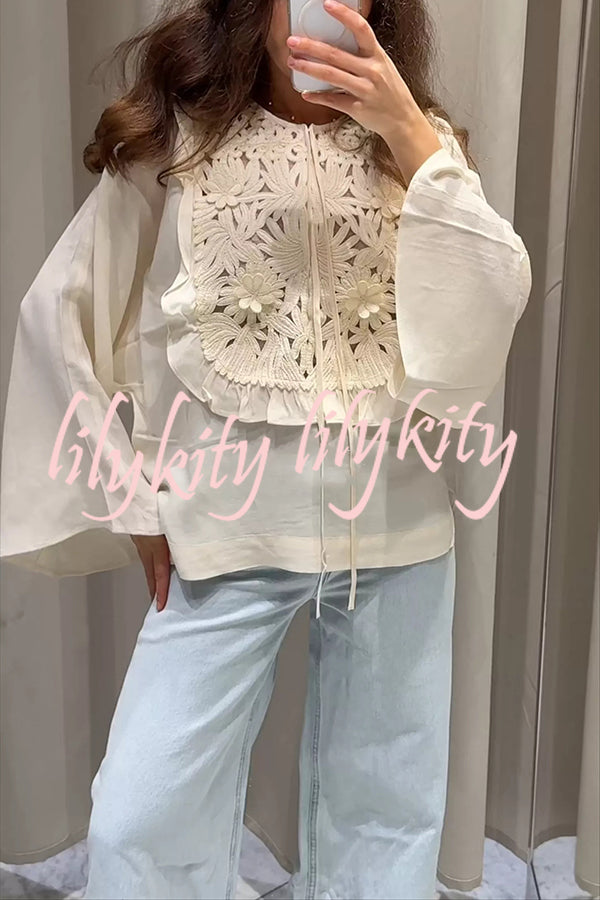 Fashionable Round Neck Tie Hollow Stitching Casual Shirt