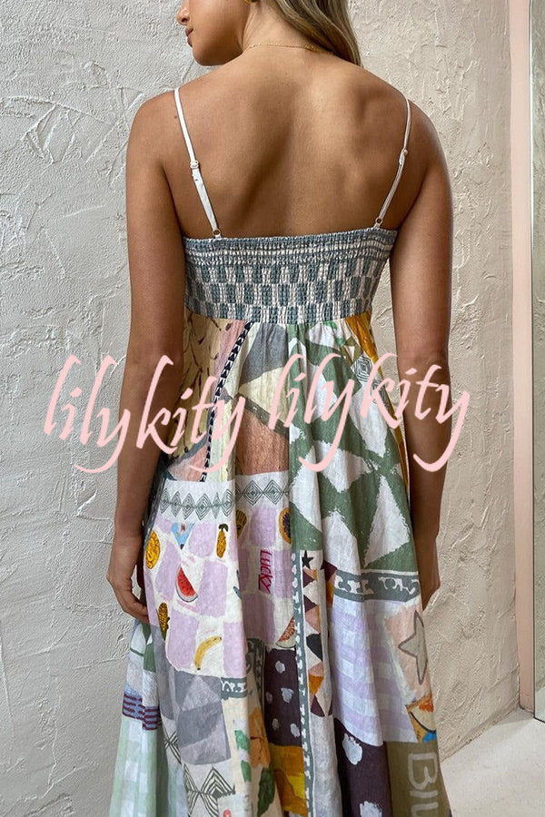 Wonderful Weekend Linen Blend Unique Print Smocked Back Pocketed Midi Dress