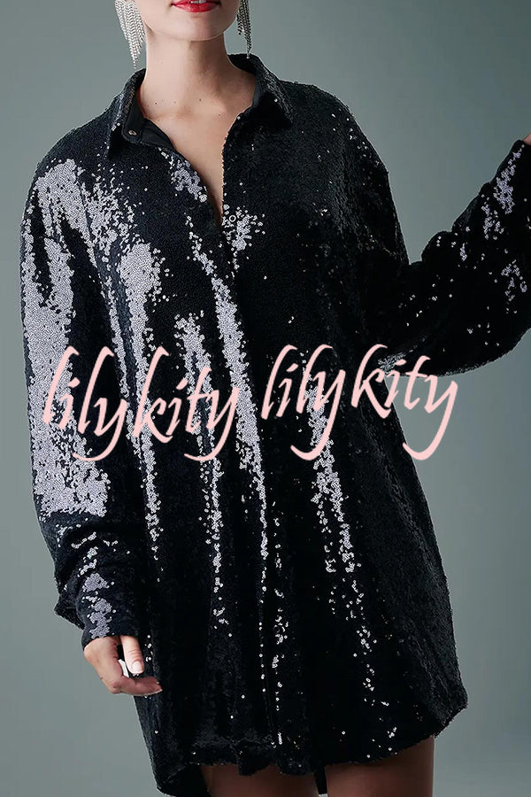 Solid Color Sequined Long-sleeved Casual Mid-length Loose Shirt