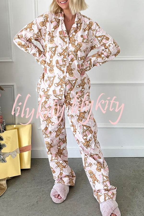 Christmas Print Casual Long Sleeve Pocket Top and Elastic Waist Loose Pants Set