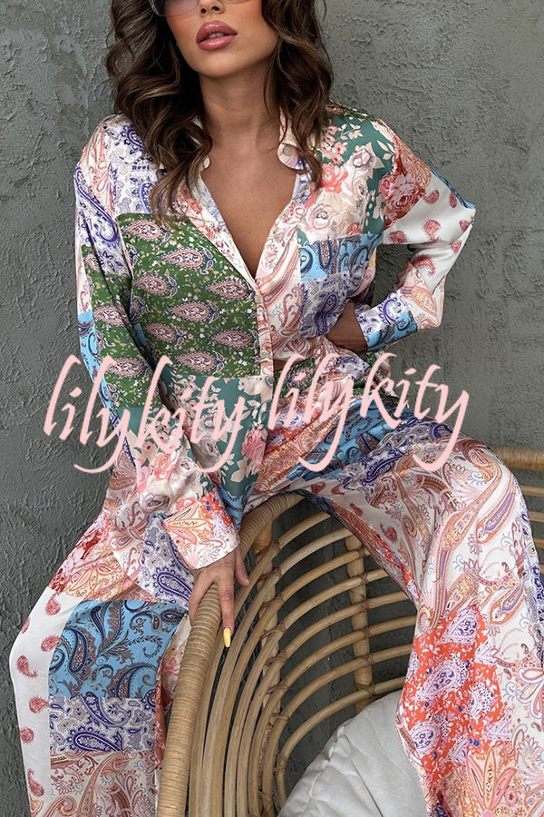 Unique Ethnic Print Long-sleeved Shirt and Elastic Waist Pants Set