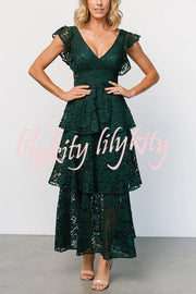 Solid V-neck Ruffled Sleeves Cinched Waist Maxi Dress