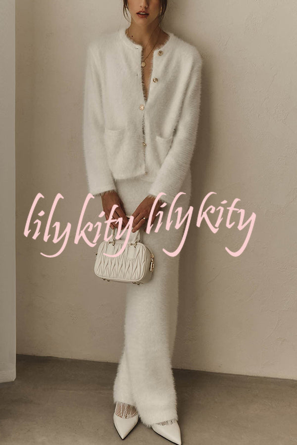 Solid Color Long-sleeved Button-pocket Knitted Jacket and Elegant Long Skirt Set