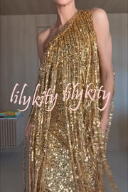 Holiday Muse Sequined Slit Tassels One Shoulder H-line Maxi Dress
