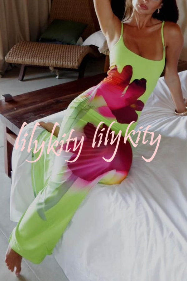 Botanical Floral Print Suspender Backless Slim Fit Slit Holiday Maxi Dress