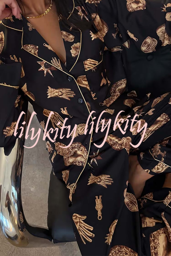 Golden Night Unique Print Color-block Trim Loose Shirt and Elastic Waist Pocketed Pajama Set